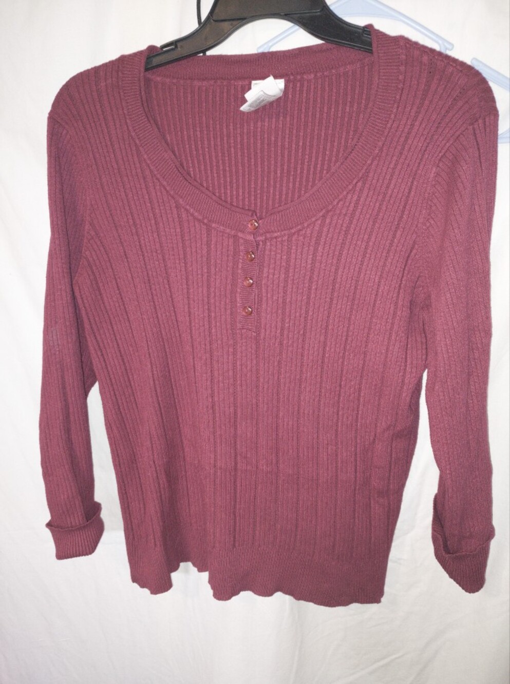 Just My Size Ribbed Henley Scoop Neck Sweater - Mauve Plum